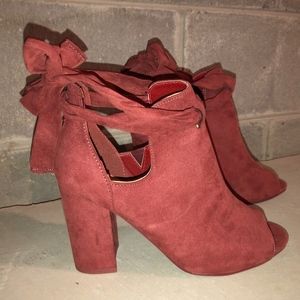 Pink suede wrap up heels